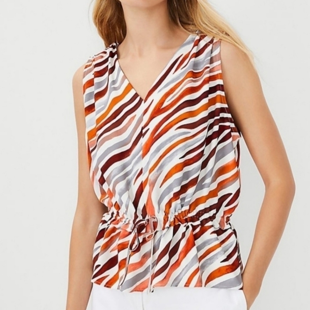 Ann Taylor Petite XSP Zebra Print Peplum Blouse V-Neck Sleeveless Top Multicolor